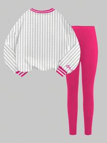SHEIN 2 件套年轻女孩休闲运动衫套装，“洛杉矶”79 号图案印花条纹圆领长袖运动衫和紧身裤，适合秋冬季，年轻女孩服装 - 彩色 - 查看 3