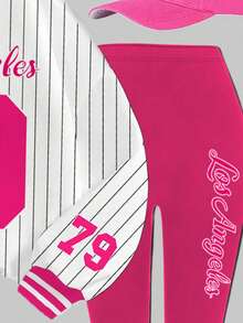 SHEIN 2 件套年轻女孩休闲运动衫套装，“洛杉矶”79 号图案印花条纹圆领长袖运动衫和紧身裤，适合秋冬季，年轻女孩服装 - 彩色 - 查看 4