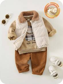 SHEIN 男婴可爱卡通图案三件套运动服，包括卫衣、运动裤和保暖背心外套，男女宝宝冬季服装，男婴冬季套装，男婴休闲套装，男婴灯芯绒套装，男婴小熊图案秋季套装