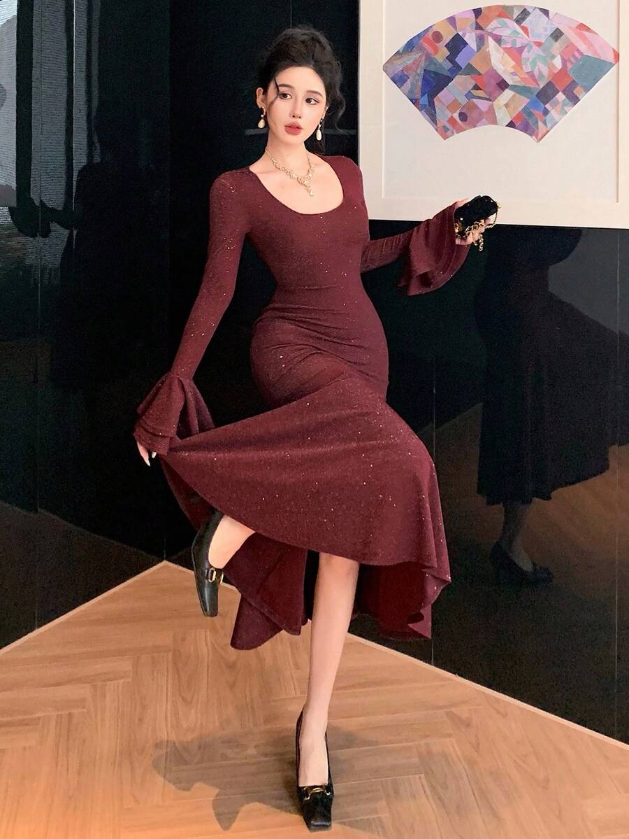 DAZY Women's Square Neck Flare Sleeve Glitter Fish Tail Hem Elegant Mid-Length Dress Red Women Dresses Prom Dress