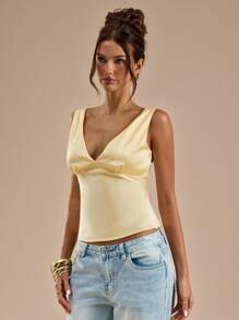 SHEIN BAE Yellow Satin V-Neck Tie Back Tank Top , Suitable For Vacation, Beach , Music Festival , Brunch , Wedding Guest Attire, Bridesmaid , Spring Summer - Yellow - View 4
