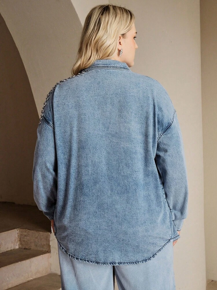 Vintage Plus Size Heavy Embellished Rhinestone Pearls Denim Shirt, Elegant For Spring, Holiday, Casual, Festival, Vacation