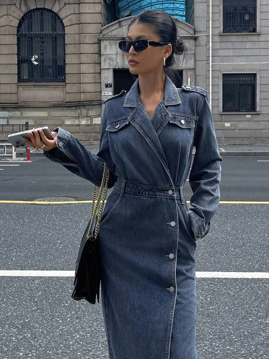 DAZY Đầm denim nữ cổ ve lật và có túi, đầm mùa thu. - Màu xanh lam - Xem 1