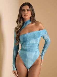SHEIN BAE Bộ đồ liền thân dài tay lệch vai họa tiết nhuộm màu xanh lam dành cho nữ, bộ đồ liền thân thanh lịch, thích hợp mặc nhiều lớp và đi chơi vào mùa thu/đông - Màu xanh lam - Xem 5