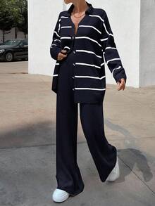 EURMUSE Women Striped Sweater Cardigan And Pant Set,Co Ord,Winter Clothes - Navy Blue - View 5
