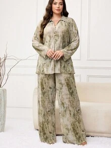 Veilorie Conjunto de camisa casual de manga larga y pantalones de estilo árabe con estampado de color contrastante para mujer de talla grande