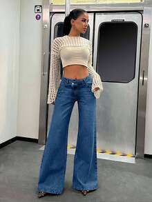 EURMUSE 100%Cotton VINTAGE WASH HIGH WAIST WIDE LEG CUT ASYMMETRIC BELT DETAIL - Medium Wash - View 3