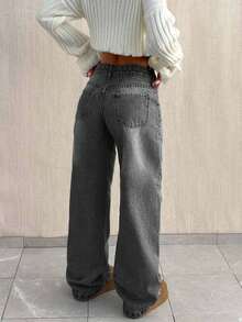 EURMUSE PETITE CASUAL LOW WAIST BAGGY LOOSE STRAIGHT LEG JEAN - Grey - View 2