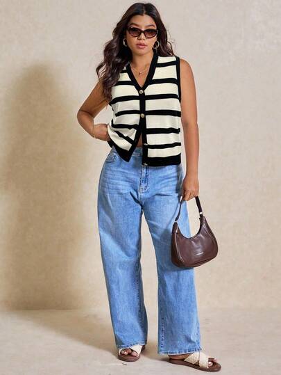 Elaquor 秋冬大码条纹印花V领纽扣休闲毛衣背心