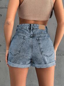 EURMUSE Mini Medium Wash Short Fold Up Detail With Back Label - Medium Wash - View 2