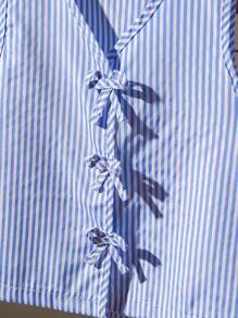 SHEIN 2pcs Tween GirlsSleeveless Woven Striped Camisole With Bowknot Accent & Elastic Waist Loose Casual Shorts Set, Summer Summer Holiday - Blue and White - View 3