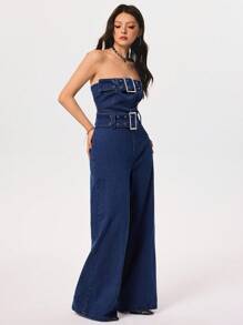 Rivivi 女式时尚挂脖牛仔连体裤 - 深色水洗藍 - 查看 6