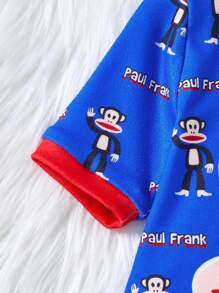 Paul Frank X SHEIN 2 件套小男孩卡通图案圆领短袖上衣和紧身裤睡衣套装，休闲有弹性 - 藍色 - 查看 5