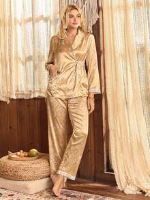 Lullawish Bohemian Lace Patchwork Satin Collar Casual Elegant Women Pajama Set, Fall Winter Clothes - Yellow - View 4