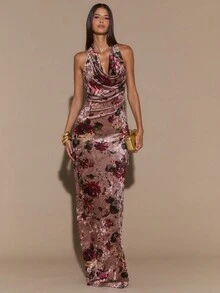 SHEIN BAE Váy ôm sát cổ họa tiết hoa, váy ôm sát đường cong thanh lịch dành cho nữ, thích hợp cho kỳ nghỉ, hẹn hò, tiệc cưới phù dâu, váy in họa tiết - Nhiều màu - Xem 5