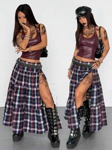 Coolane Falda evasé con estampado de cuadros, dobladillo con volantes y abertura alta para mujer - Multicolor - Ver 1