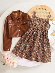 SHEIN 2 件套青少年女孩休闲棕色长袖圆领 PU 皮夹克 + 棕色碎花吊带裙，甜美、酷炫、优雅的装扮 - 棕色 - 查看 2