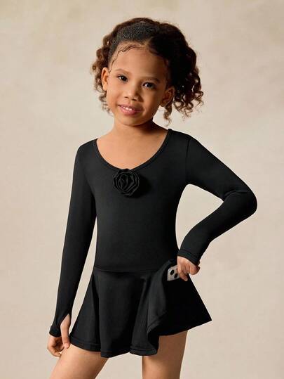 四向弹力女童黑色长袖连衣裙，3D 玫瑰装饰，优雅可爱的下摆，适合休闲、跑步、跳舞、网球、返校、秋季