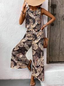 EMERY ROSE Bohemian Style Vintage Print Round Neck Crop Top And Wide Leg Pants 2 Pieces Set, Summer Beach Vacation Casual Outfit For Women - Multicolor - View 4