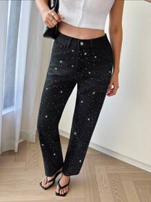 Siren Gaze Women's Summer Fall Autumn Back To School Homecoming Halloween Y2k Cute Streetwear Goth Grunge Techno Birthday Night Out Going Out Club Airport Business Casual Woman Country Vintage Modest Old Money Business Casual Woman Work Clothes Solid Color Minimalist Everyday Rhinestone Decorated Denim Black Jeans Black - Black - View 8