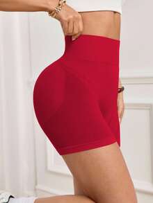 Dewbera Solid Color High Waist Seamless Elastic Sports Shorts - Red - View 6