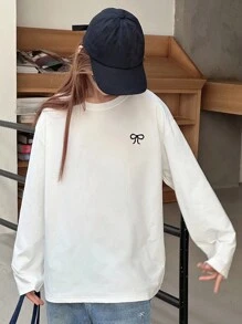 Dazy Kids 少女宽松休闲T恤，蝴蝶刺绣设计，秋季基本款