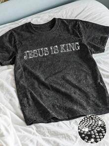 Manfinity Dauomo JESUS IS KING 水钻图案 T 恤，男士圆领短袖雪花纹理舒适宽松上衣，适合日常穿着 - 黑色 - 查看 3