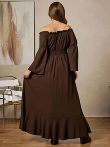 Zelara Đầm thời trang cổ vuông tay dài xẻ tà bên hông cỡ lớn cho nữ - Cà phê nâu - Xem 3