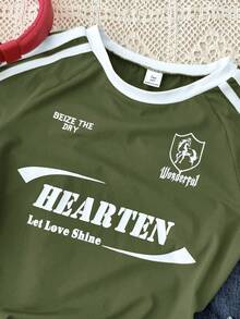 TEENGIRL 红色修身圆领撞色边T恤，适合街舞、赛车徽章和字母图案T恤 - 軍綠色 - 查看 4