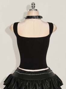 SHEIN ICON ICON 大码纯色女士休闲无袖上衣，适合夏季穿着，哥特风蕾丝边饰朋克风黑色上衣，锐舞风上衣 - 黑色 - 查看 2