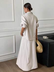 Livesso 女式全白衬衫上衣和宽松短裙两件套 - 杏色 - 查看 2