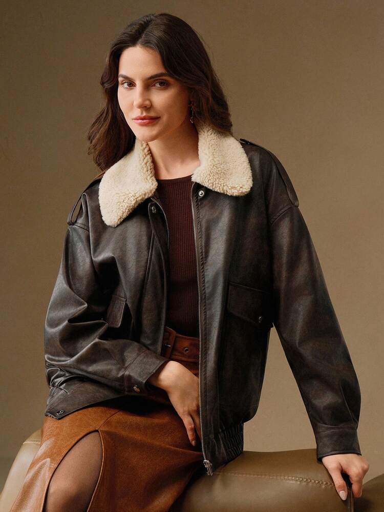 Women's Autumn/Winter Contrast Color Collar Zip-Up PU Leather Casual Jacket, Suitable For Daily Wear And Party Occasions