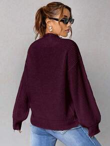 EURMUSE Maglione casual oversize da donna a maniche lunghe con scollo a V e spalle cadenti, in tinta unita - Bordò - Visualizzare 2