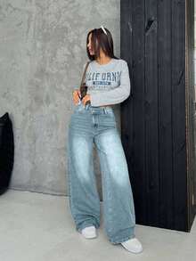 EURMUSE Women's Thick Denim Jeans, Oblique Placket, Loose Wide-Leg Pants, Blue - Light Wash - View 3