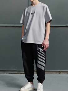 SHEIN 2 件套青少年男童休闲字母印花圆领套头衫套装，适合夏季、运动、跑步、户外 - 灰色 - 查看 8