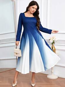 Modelyn Đầm dài tay cổ vuông ombre thời trang thanh lịch cỡ lớn dành cho nữ - Nhiều màu - Xem 5