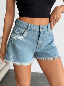 EURMUSE Low Waist Ripped Snow Wash Denim Short - Medium Wash - View 7