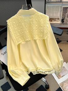 Franclia Áo sơ mi nữ tay dài cổ buộc dây viền ren dáng rộng thoải mái, phong cách tối giản, thu đông, thanh lịch, ôm dáng, cổ mở phía trước, tay dài, cúc vàng, áo sơ mi nữ mùa xuân/thu, áo dài tay màu vàng cho nữ, áo sơ mi công sở cài cúc cho nữ, áo công sở thường ngày cho nữ, áo đi chơi cho nữ, áo màu vàng thường ngày mùa xuân/thu. - Màu vàng - Xem 2