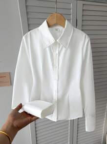 SHEIN 青少年女孩优雅纯白色灯笼袖裹身衬衫（配领带），适合日常穿着和返校穿着 - 白色 - 查看 3