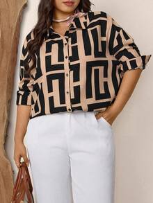 Zelara 大码女式秋季休闲日常几何印花长袖衬衫，休闲宽松舒适长款，适合居家和度假穿着，秋季、感恩节女式感恩节衬衫 - 彩色 - 查看 7