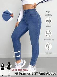 SHEIN Tall CURVE 大码女款蓝色牛仔弹力紧身裤 - 中等水洗藍 - 查看 1