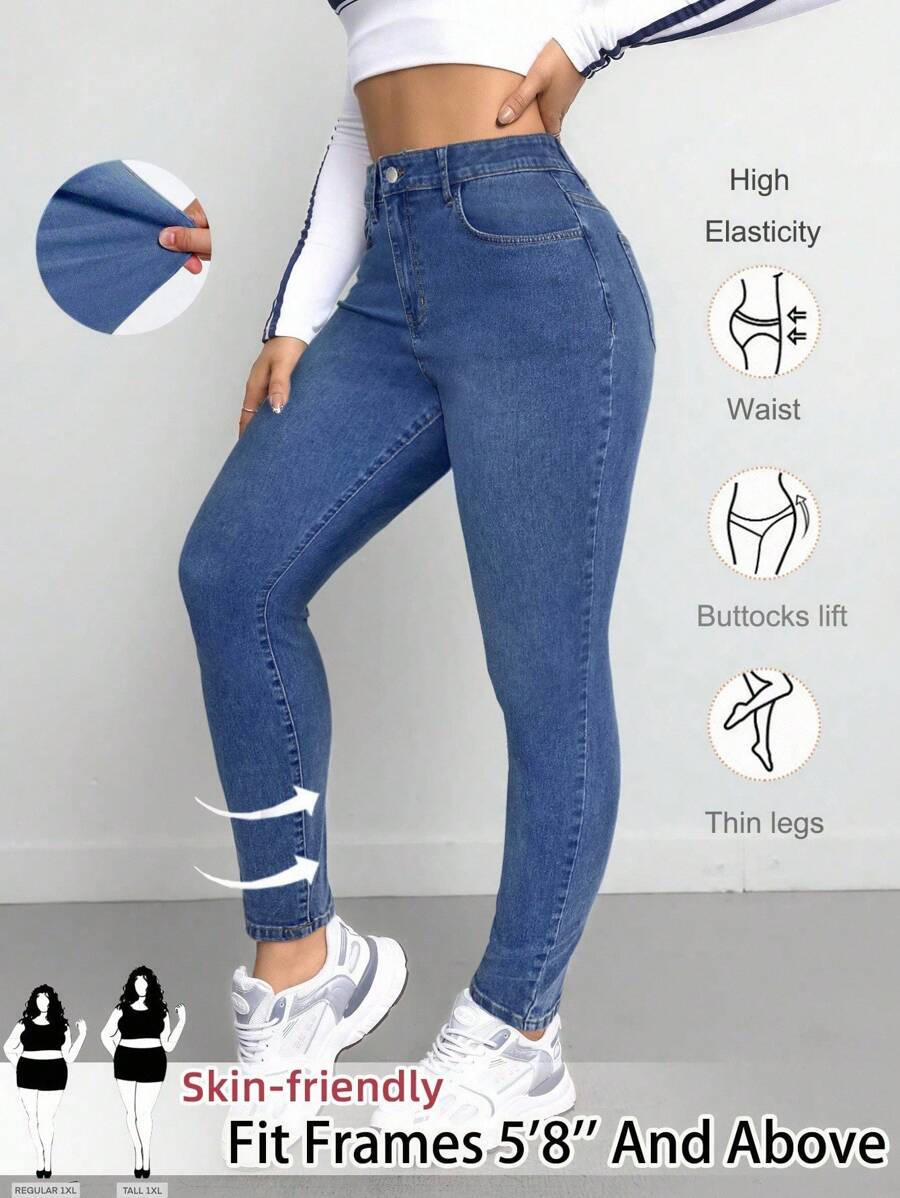 SHEIN Tall CURVE 大码女款蓝色牛仔弹力紧身裤 - 中等水洗藍 - 查看 1