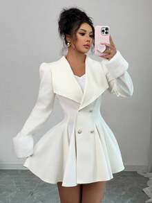 Elenzga Áo khoác len dày cổ tay bo gấu lông chồn dáng chữ A thanh lịch cho nữ đi làm hàng ngày - Màu be - Xem 5