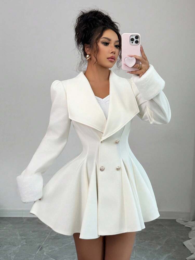 Elenzga Women's Mink Fur Cuff Collar Waist A-Line Elegant Everyday Commute Thick Woolen Coat - Apricot - View 5