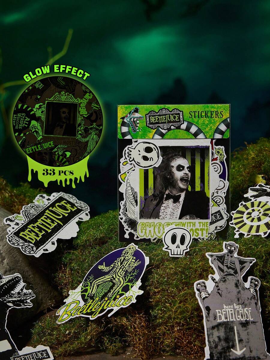 Beetlejuice X SHEIN 夜光卡通图案贴纸套装，适合学生、青少年、男女，适用于笔记本、日记本、手工艺品等类似物品。也可用于个性化滑板、笔记本电脑和行李箱。可移除背胶，轻松撕下，不留残留，适合万圣节 - 彩色 - 查看 1