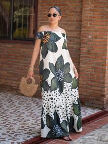Melissa Matos Women's Fashion Floral Print Off-Shoulder Super Long Dress, Vacation Style Women Dresses Summer African Woman Clothing New Arrivals Women Dress African Dress Dresses For Women Summer Spring,Bohemia - Multicolor - View 1