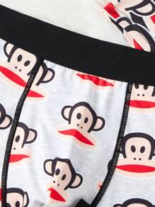 Paul Frank X SHEIN 3 件装男士卡通猴子印花撞色腰带缝线细节舒适平角内裤 - 白色 - 查看 5