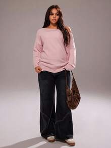 Rustia Plus Size Solid Color Pink Sexy Simple Asymmetric Batwing Sleeve Pullover Sweater Fall Winter Cloth For Women Autumn CASUAL