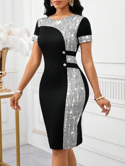 SHEIN Lady 女式拼色亮片装饰圆领短袖修身优雅中长连衣裙