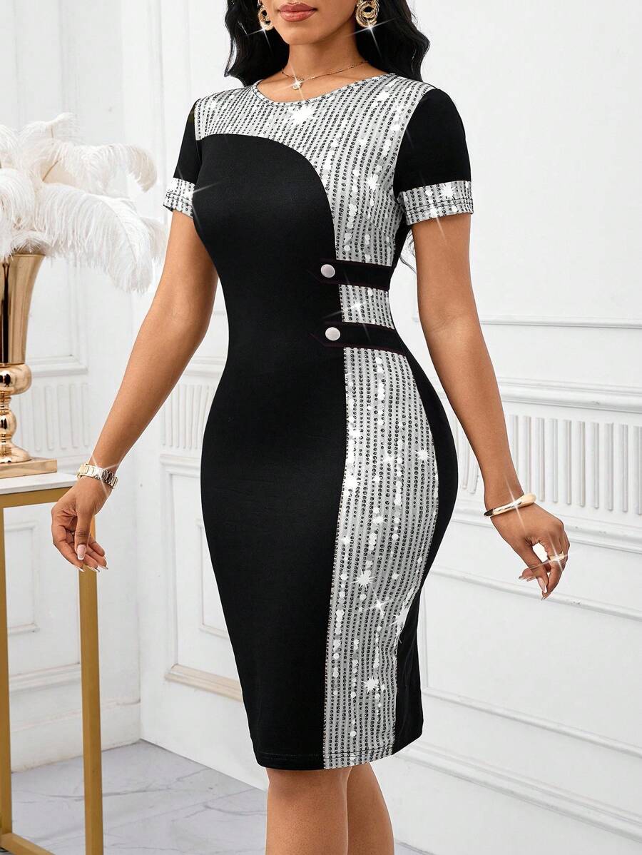 SHEIN Lady 女式拼色亮片装饰圆领短袖修身优雅中长连衣裙 - 銀色 - 查看 1